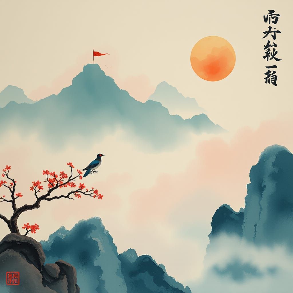 Serene Chinese Landscape Painting with Bird