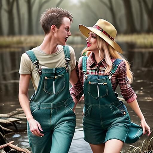 Emphasize the clash between the swamp setting and their outfits (flannel, overalls, sparkly dress) for humor.