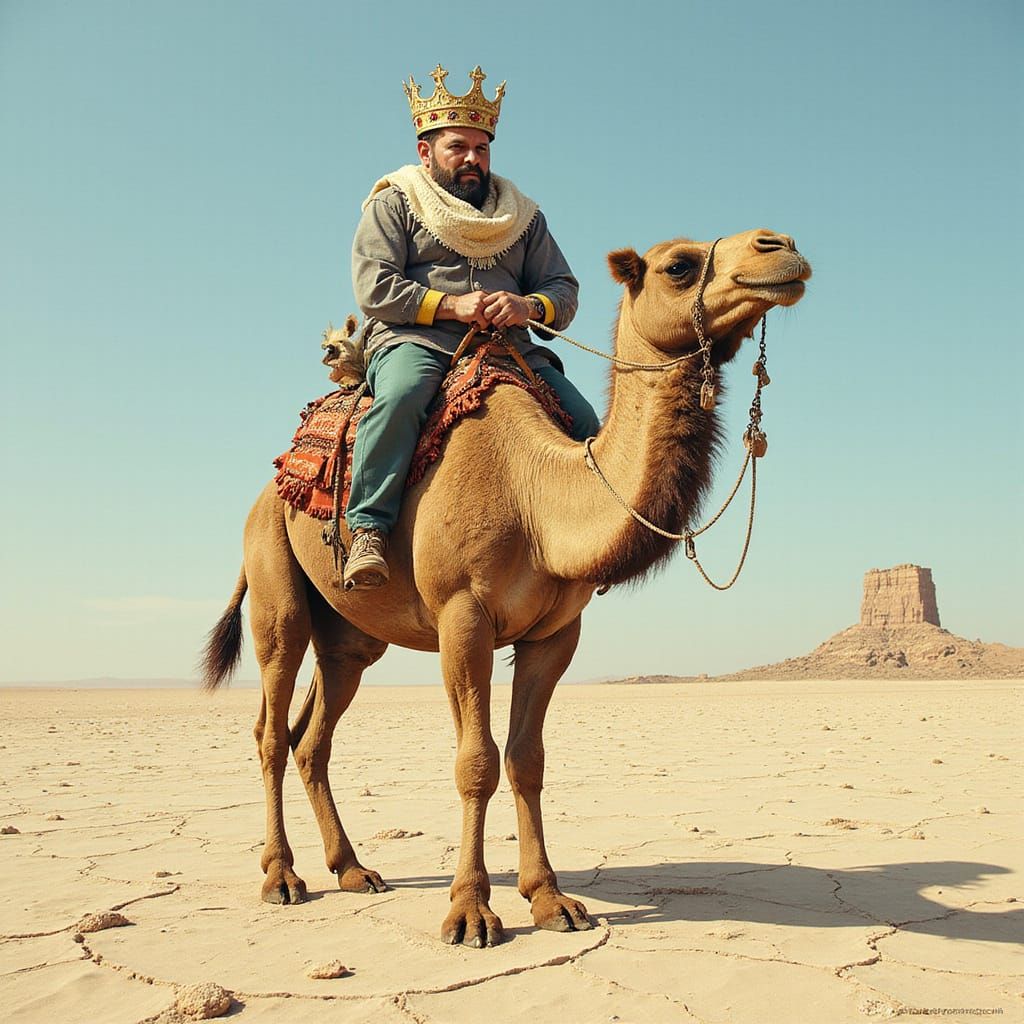 Arrogant Buffoon Rides Camel Across Cracked Desert in Exagge...