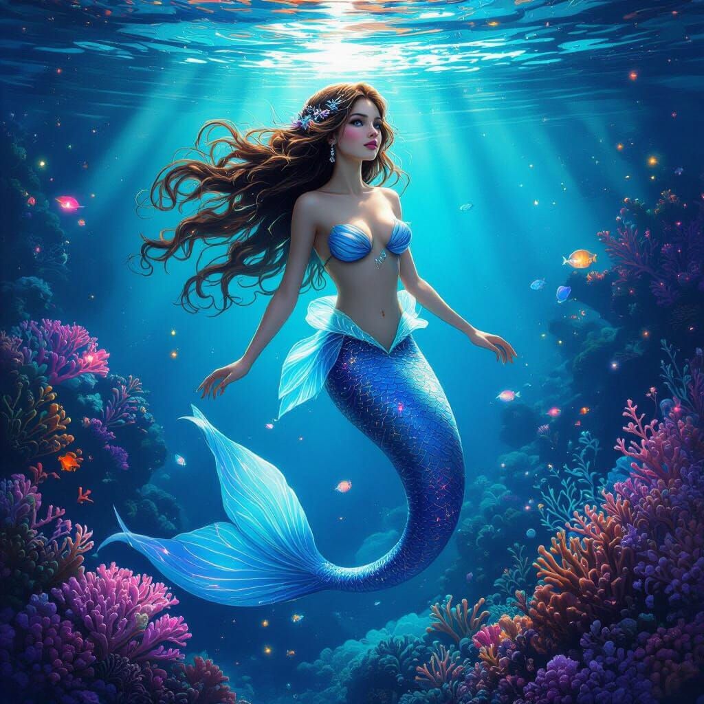 Mermaid With Glowing Skin in Bioluminescent Reef
