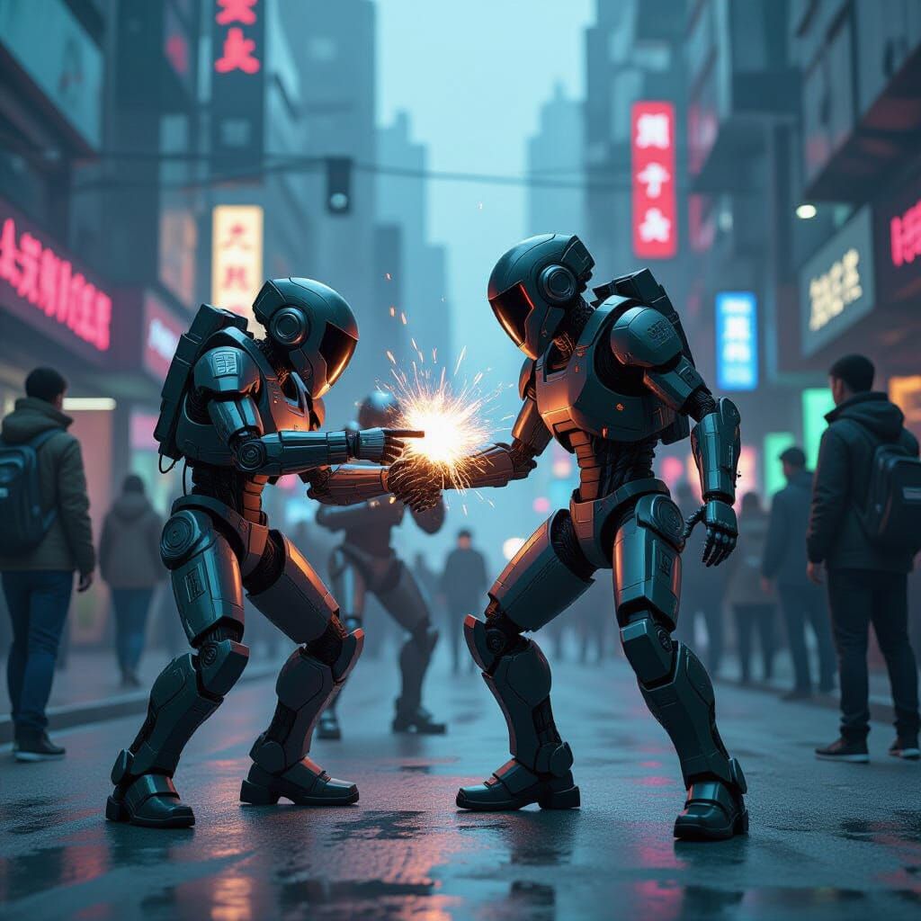 Cyberpunk Robots Under Attack in Gritty Cityscape