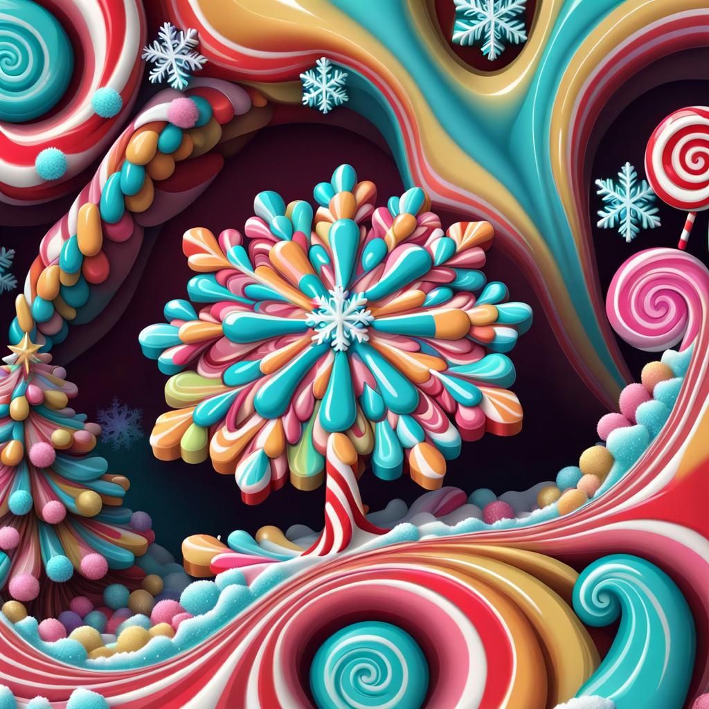 Candy Christmas Tree with Snowflakes in Abstract Style