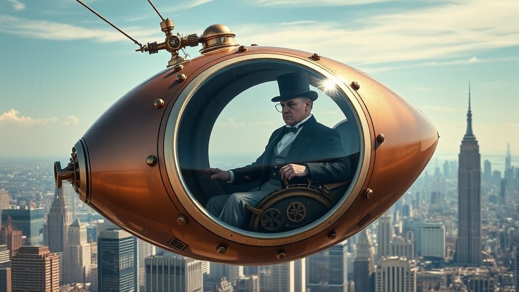 Steampunk Flying Saucer Soars Over Futuristic City Skyline