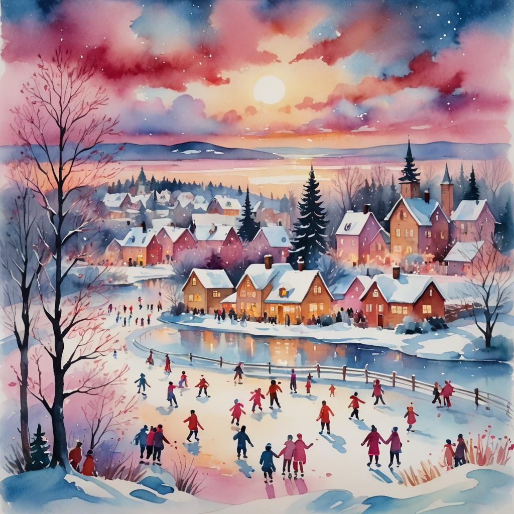 Whimsical Watercolor Village Scene in Festive Hues