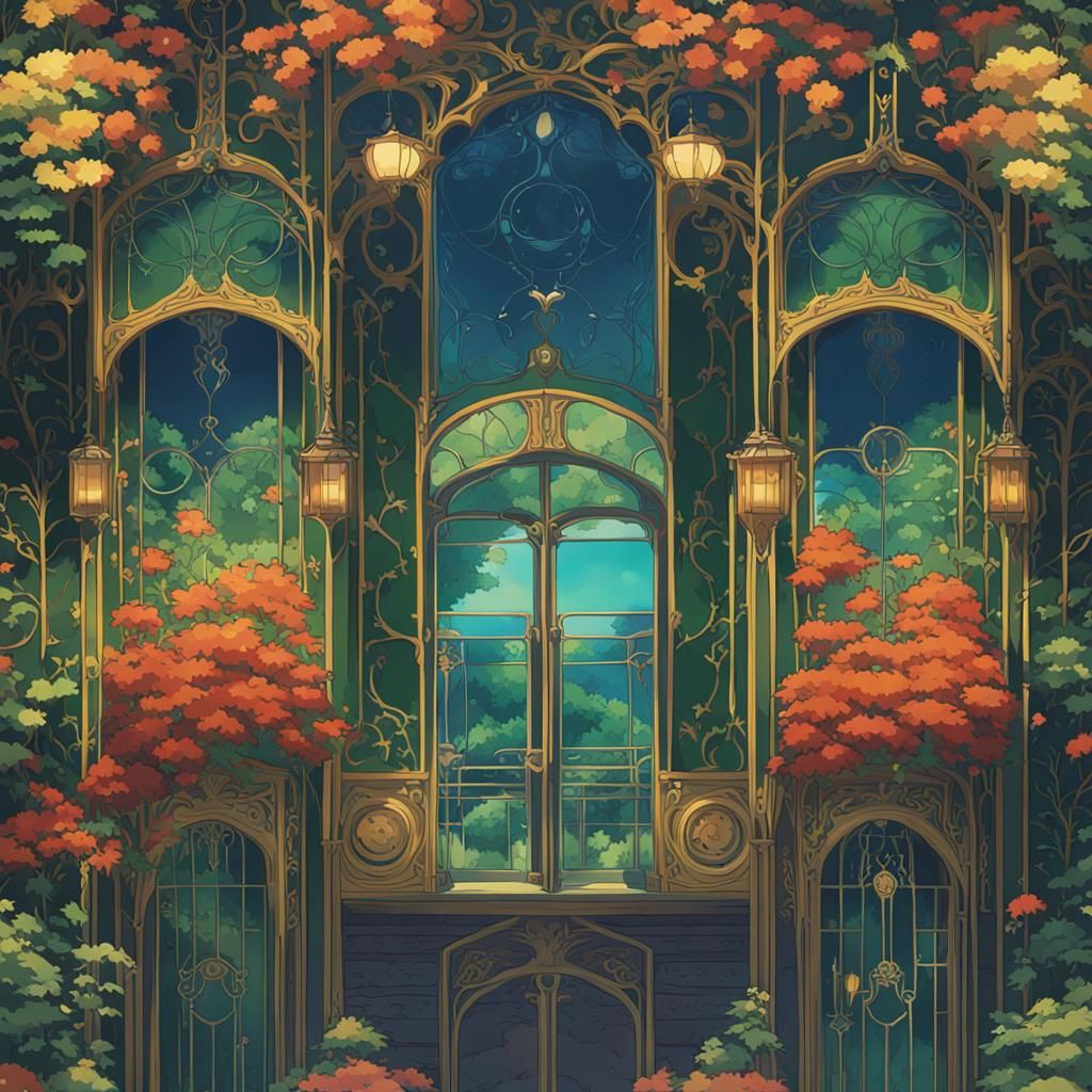 Jewel-Toned Art Nouveau Pattern in Anime Style