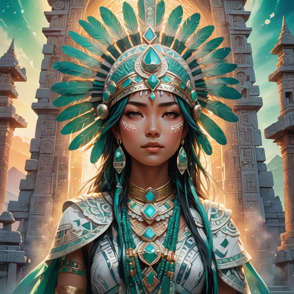 Aztec Woman in Anime Style with Temple Backdrop
