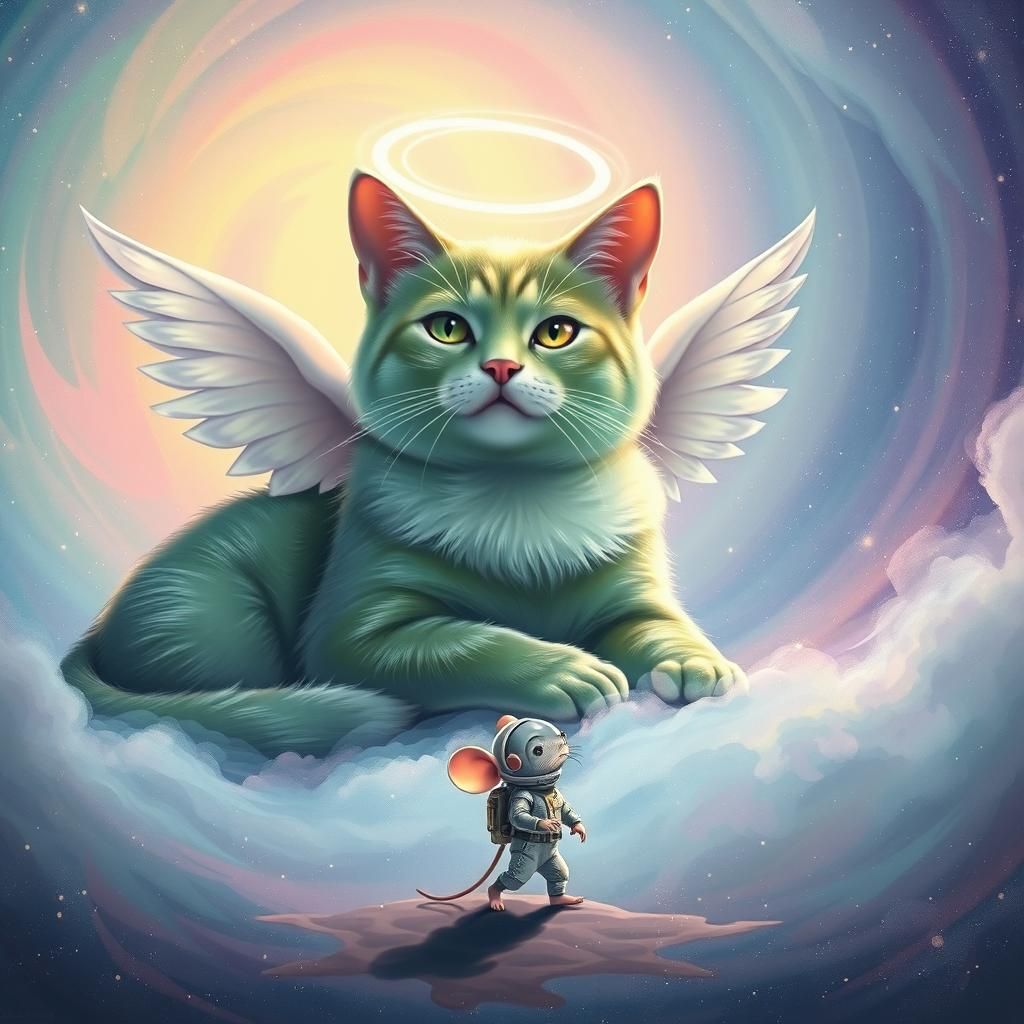 Cosmic Zen Angel Cat and Brave Mouse in Psychedelic Art