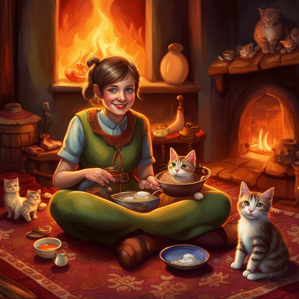 Cozy House Elf with Cat by Fireplace