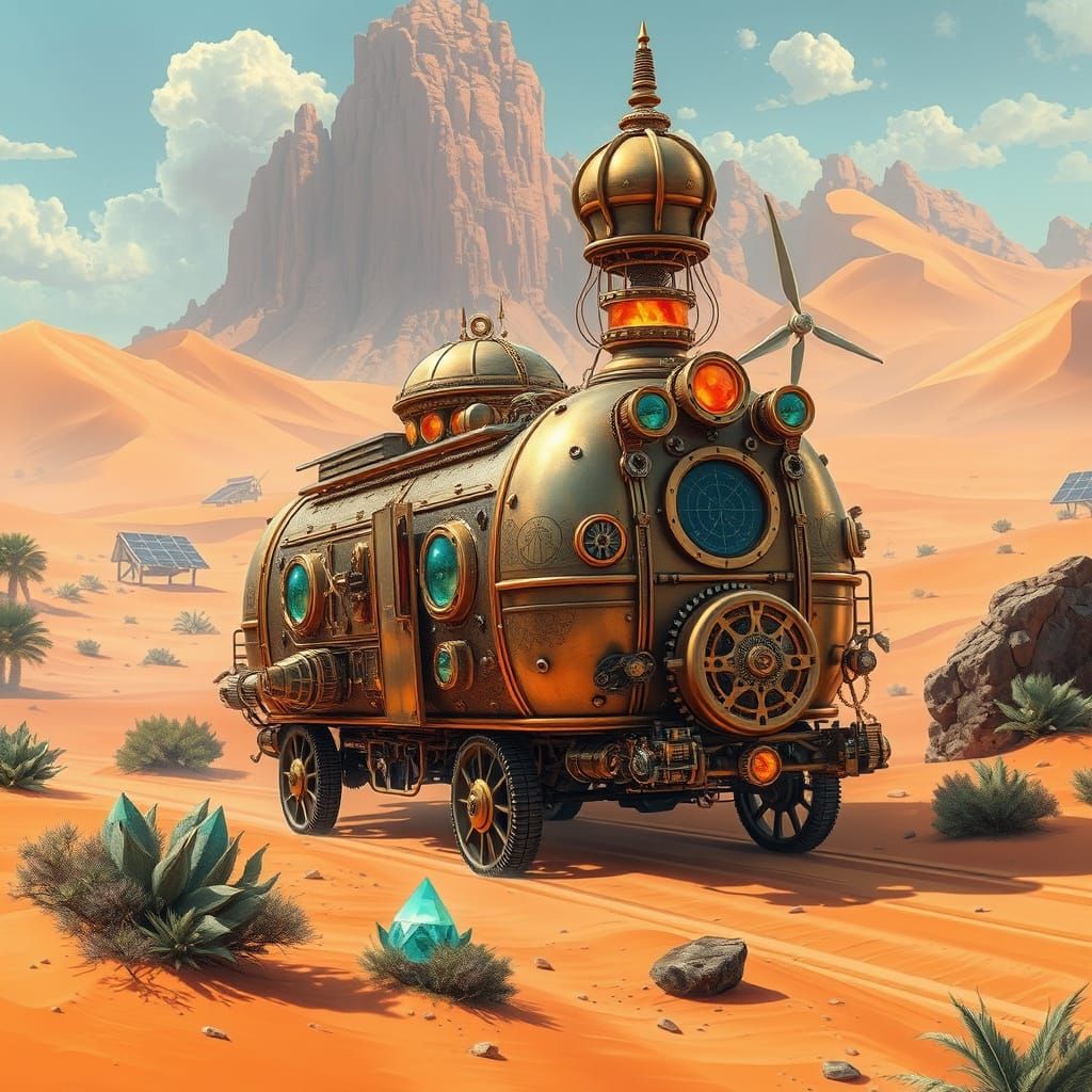 Steampunk Caravan in Solarpunk Desert, Hyperrealistic Style