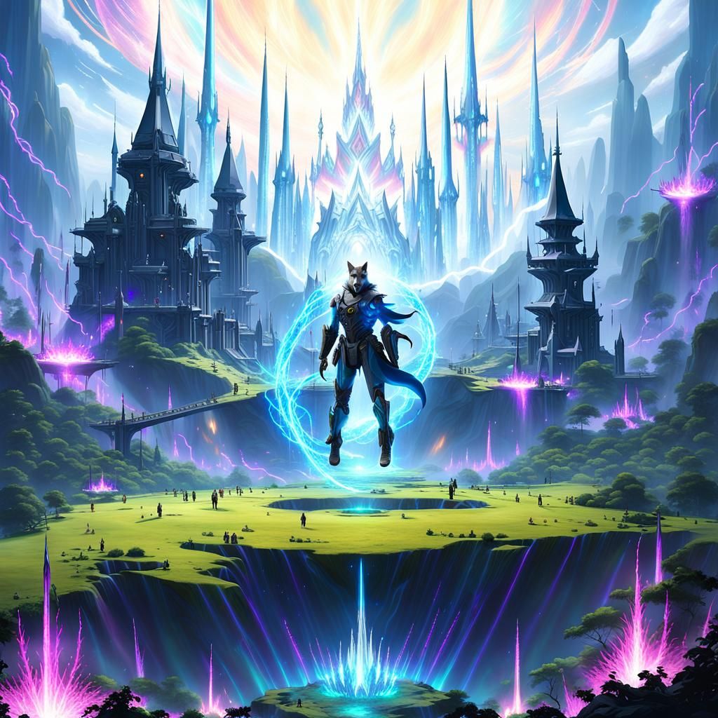 Majestic Wolf Leaps Across Neon Sci-Fi Platform