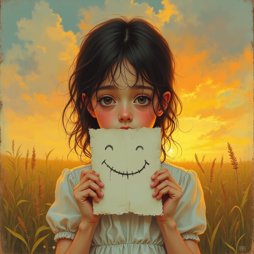 Melancholic Girl with Paper Smile, as Impasto Painting