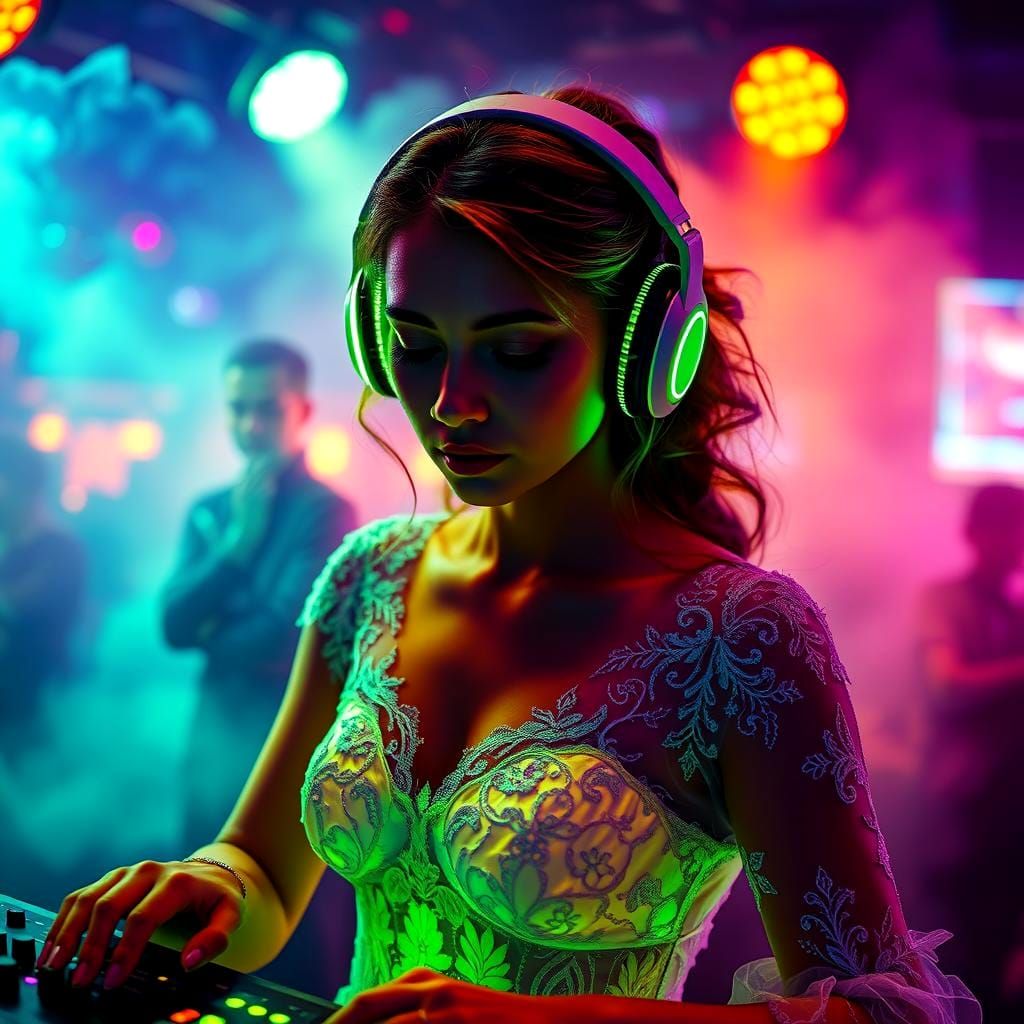 Fantasy DJ in Glowing Gown: Digital Concept Art