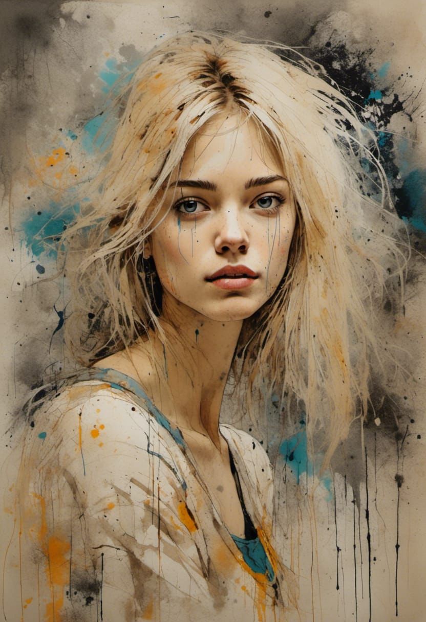 Blonde Woman Portrait with Ink Sketch Effects