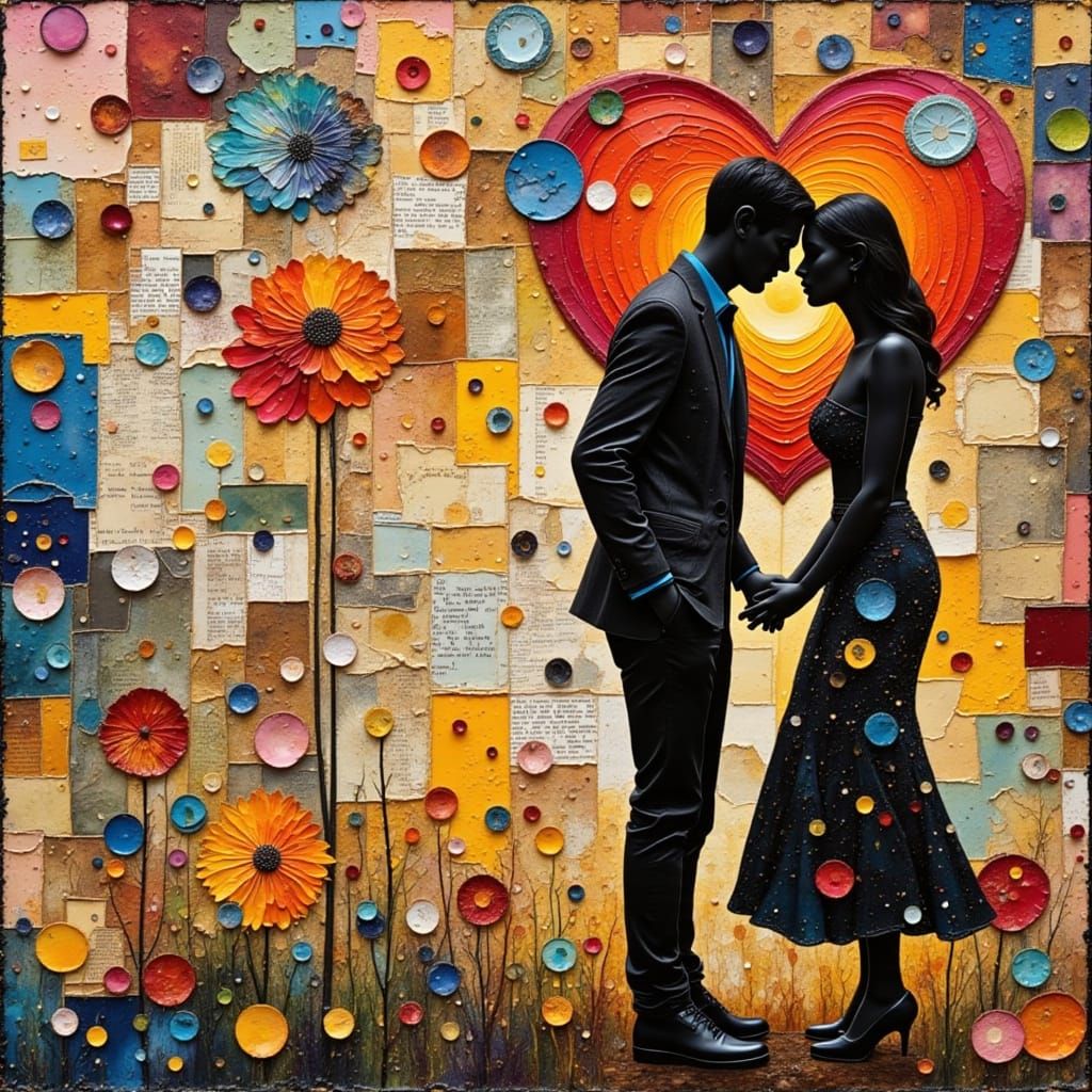 Vibrant Mixed-Media Collage with Loving Couple