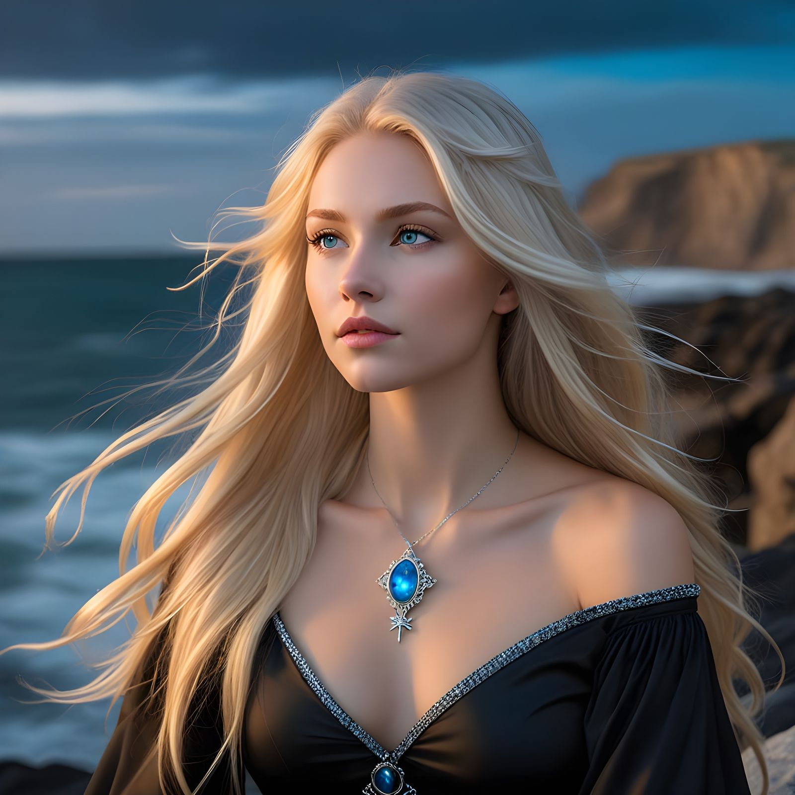 Norse Goddess of Oaths by the Seaside in a Dark, Starry Nigh...