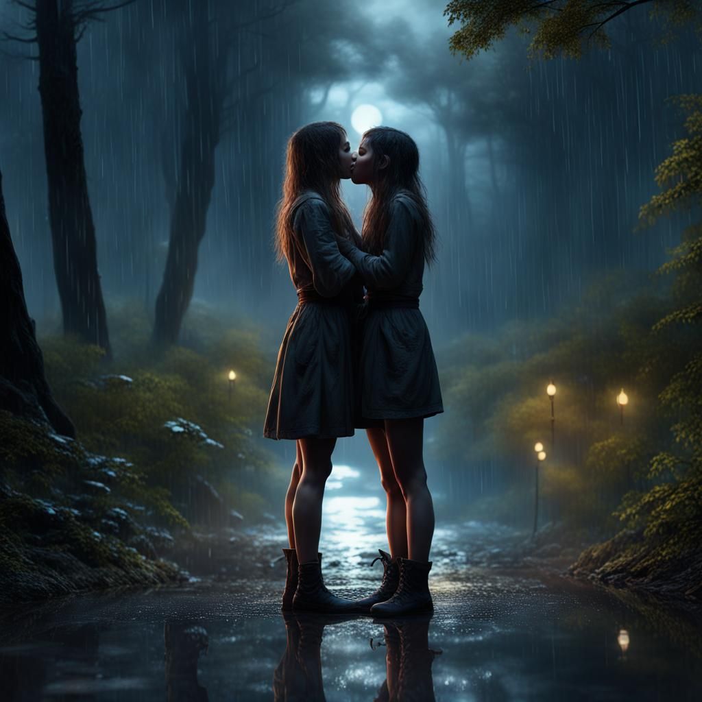Girls Kissing in Rainy Forest, Realistic Octane Render