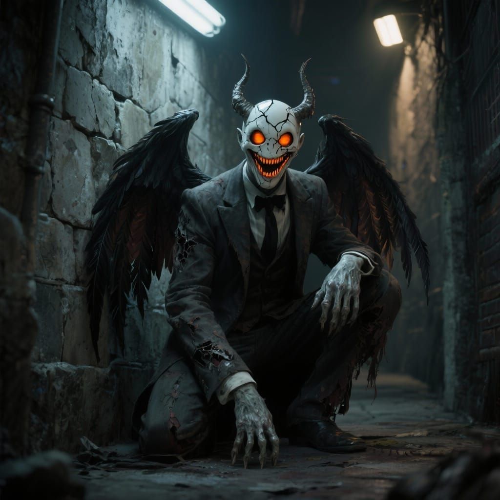 Demonic Figure with Cracked Mask in Sinister Alleyway