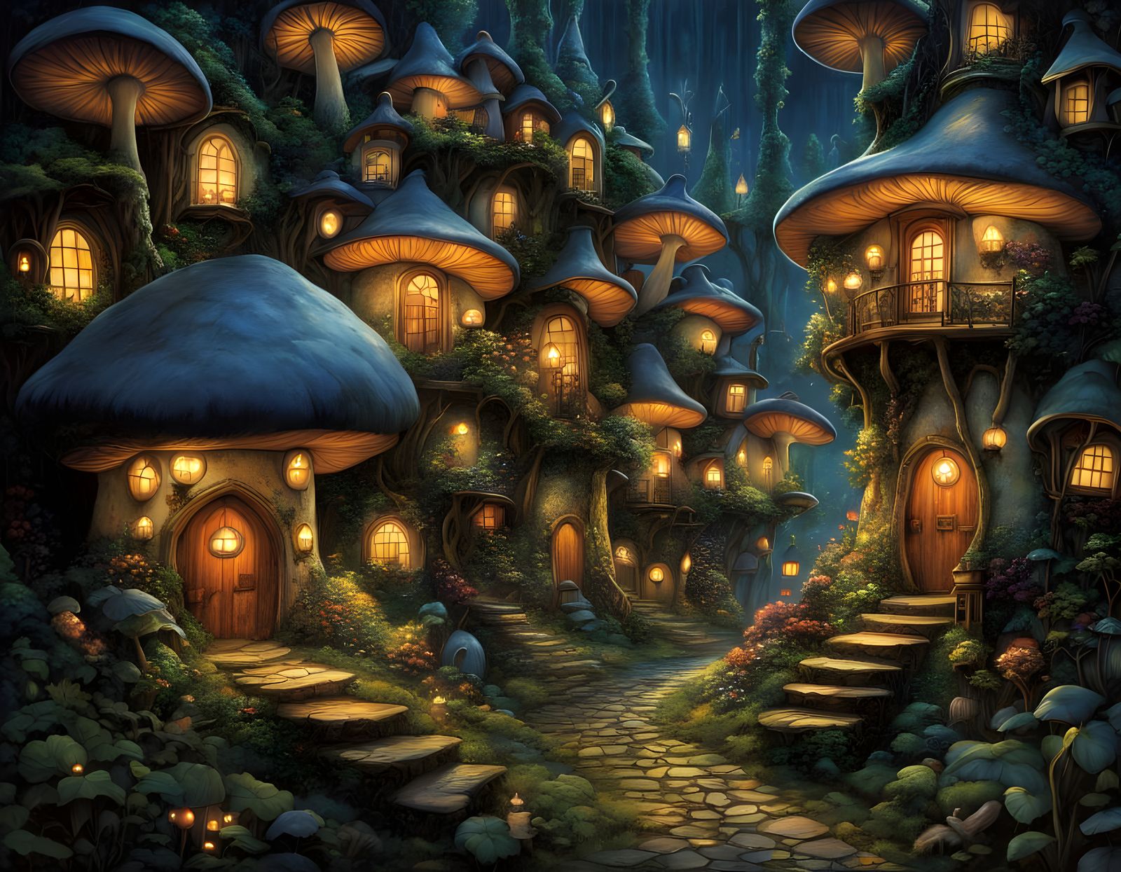 Glowing Mushroom Village Under Nighttime Whimsy