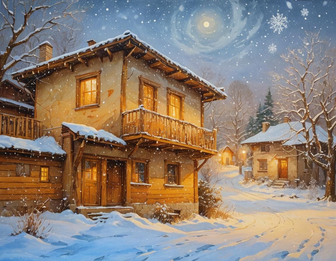 Surreal Winter Night Landscape in Oil Painting Style