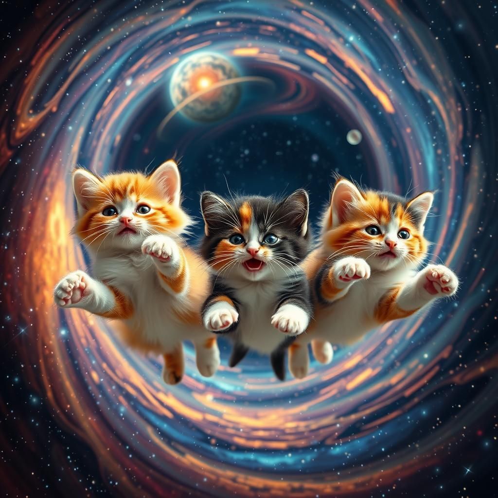Calico Kittens Soaring Through Space