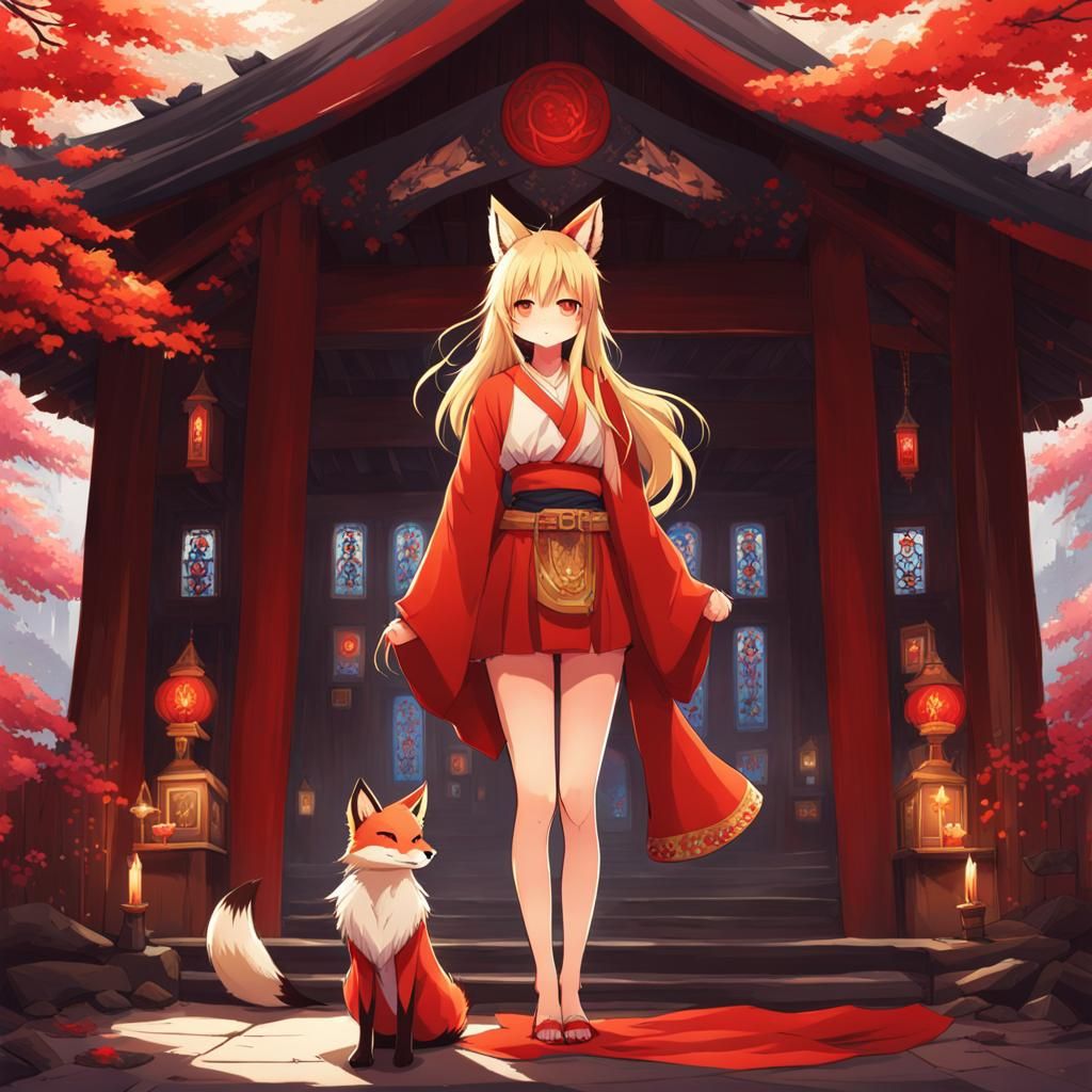 Anime Girl with Fox Ears at Shrine
