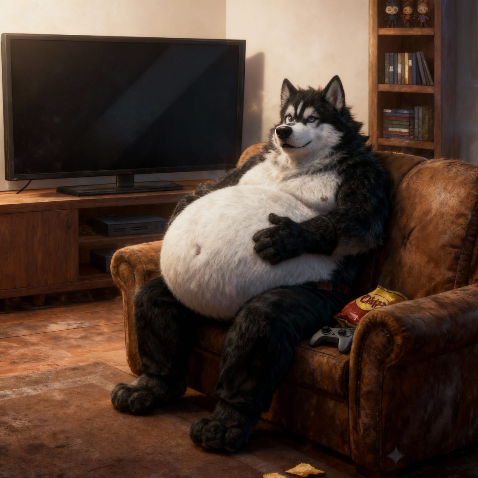 Man Rests on Couch Rubbing Large Belly