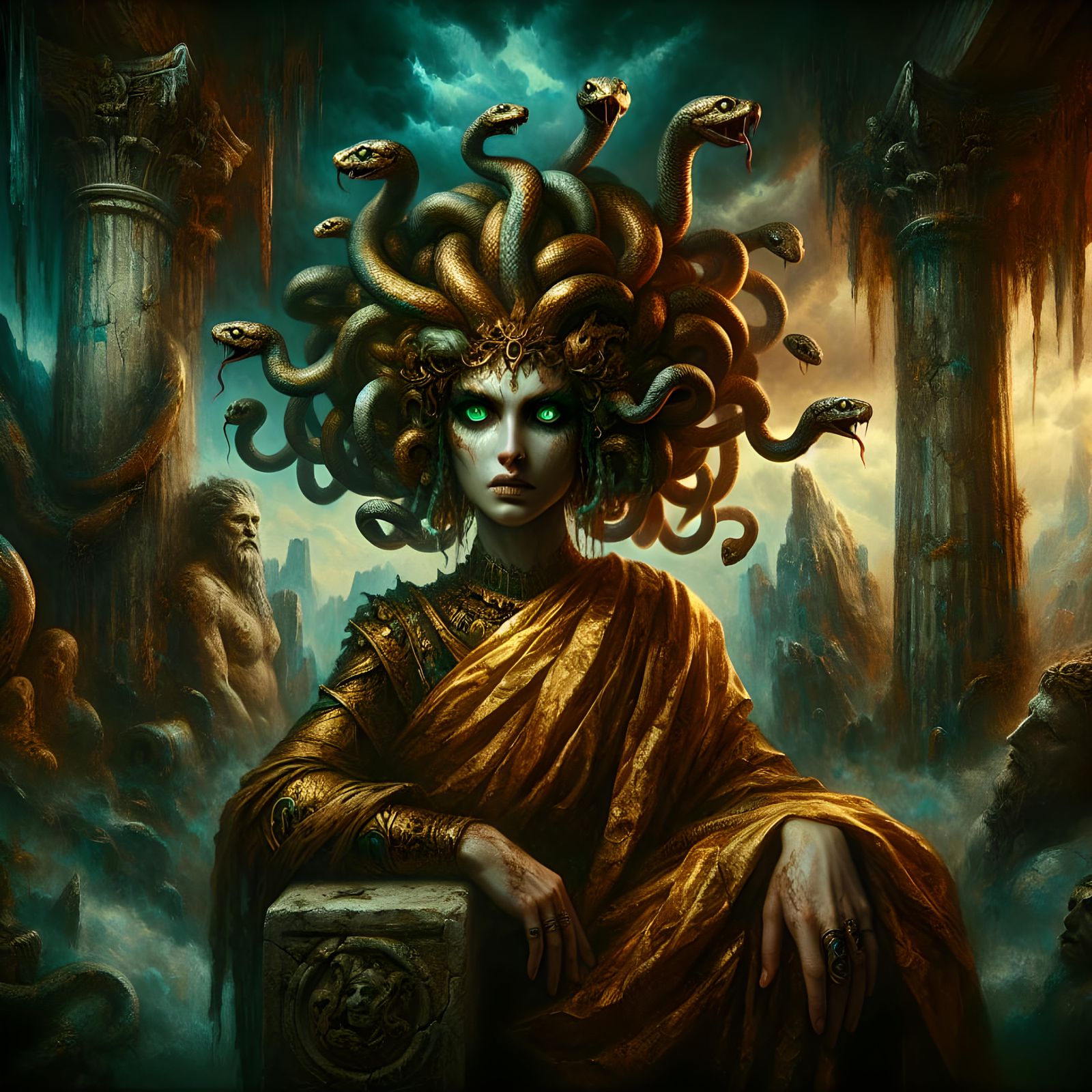 Regal Medusa on Stone Throne in Gothic Fantasy Style