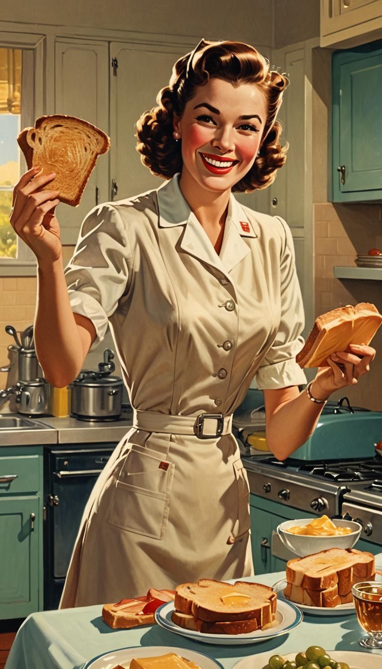 Retro-Futuristic Housewife with Toast in 1950s Kitchen