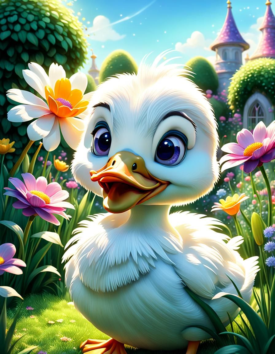 Cute Duckling Kisses Flower in Fairytale Garden