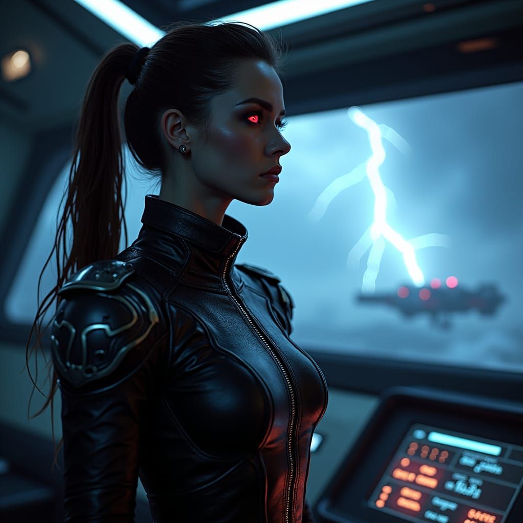Spaceship Captain in Storm, Industrial Futurism Style
