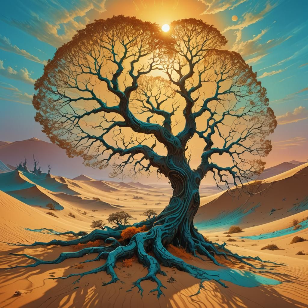Ancient Tree Rises in Golden Sand Sea