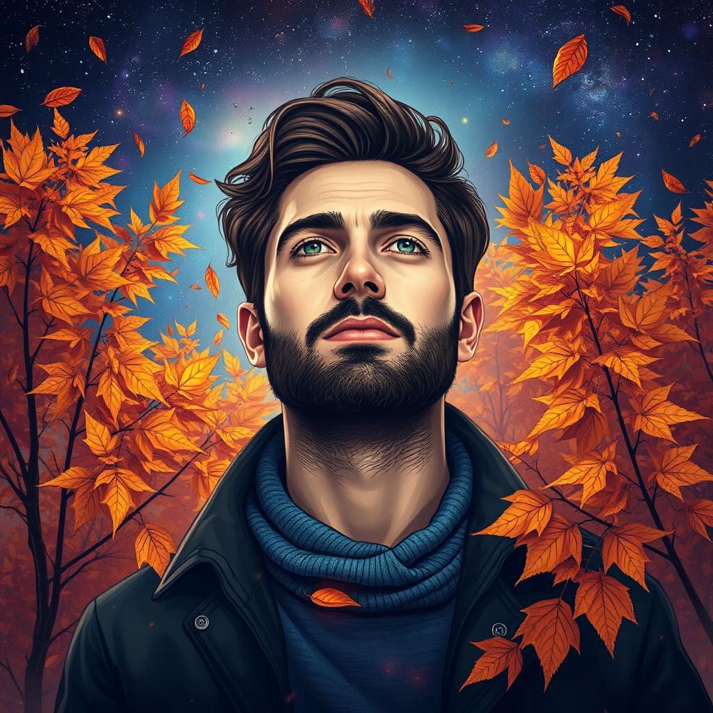 Handsome Man in Autumn Trees, Astral Illustration