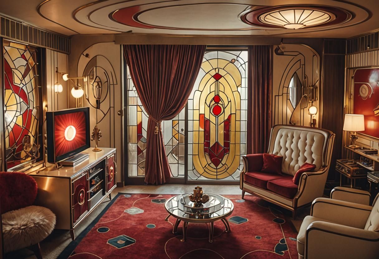 Art Deco Retro-Futurism Living Room with Chrome Accents
