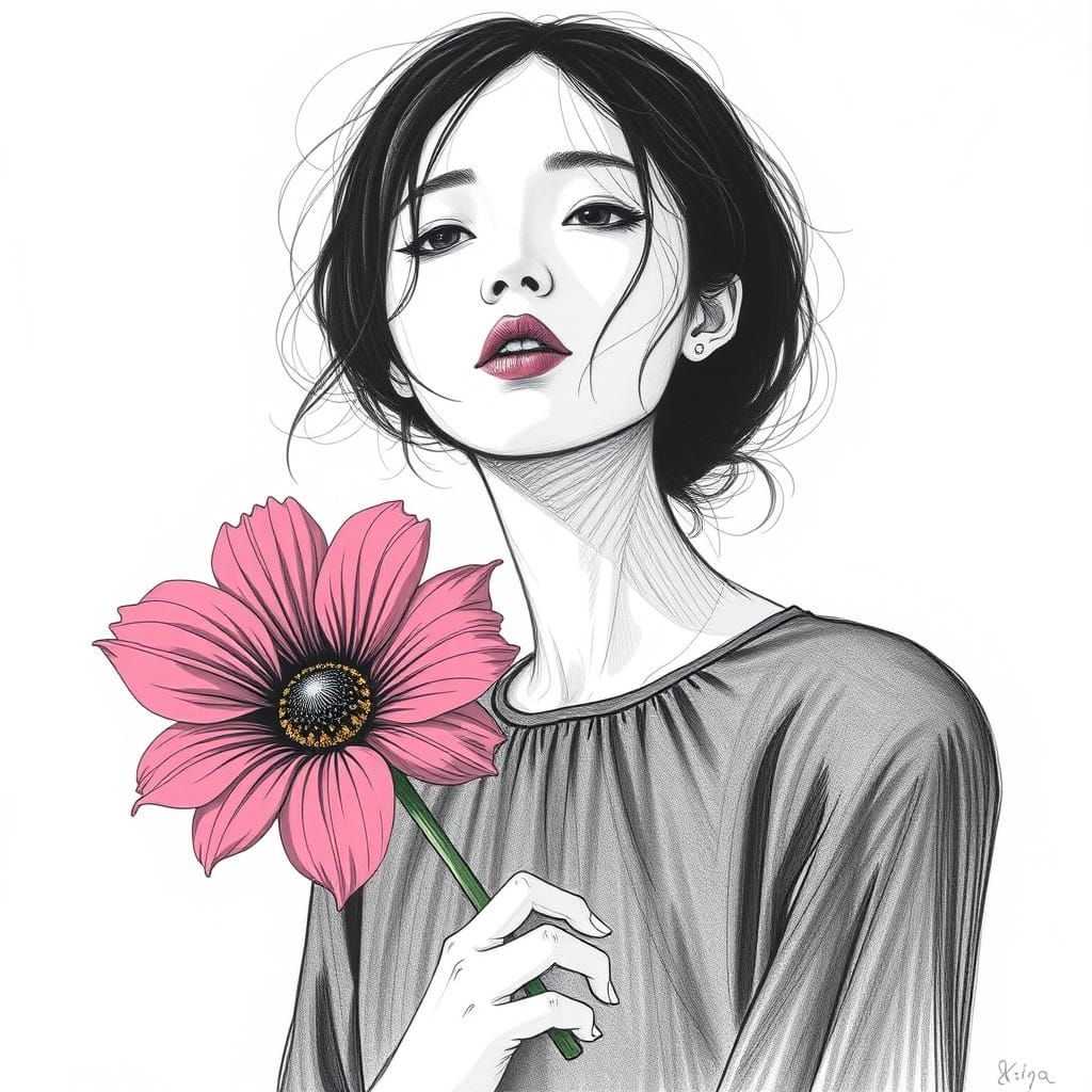 Minimalist Woman with Flower in Pop Art Style