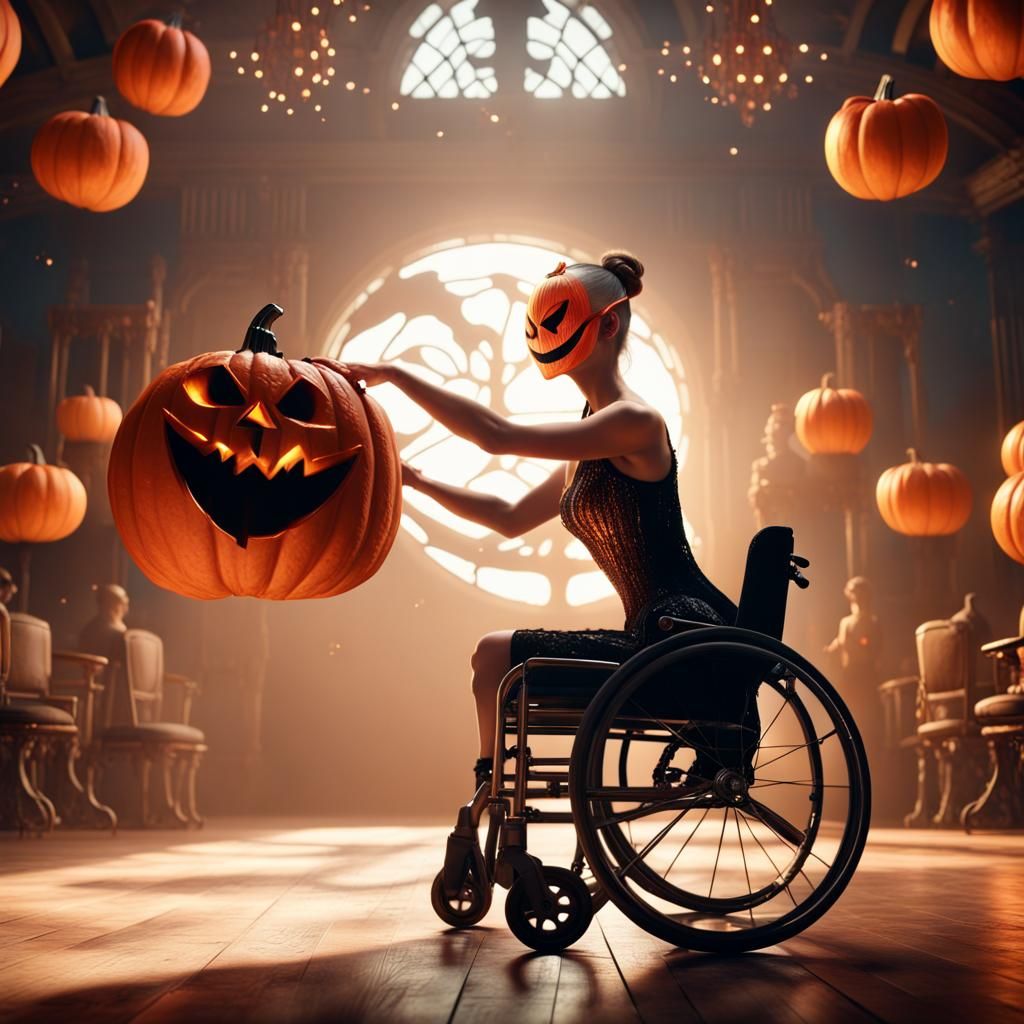 Ballerina in a wheelchairwith a pumpkin mask dancing on stag...