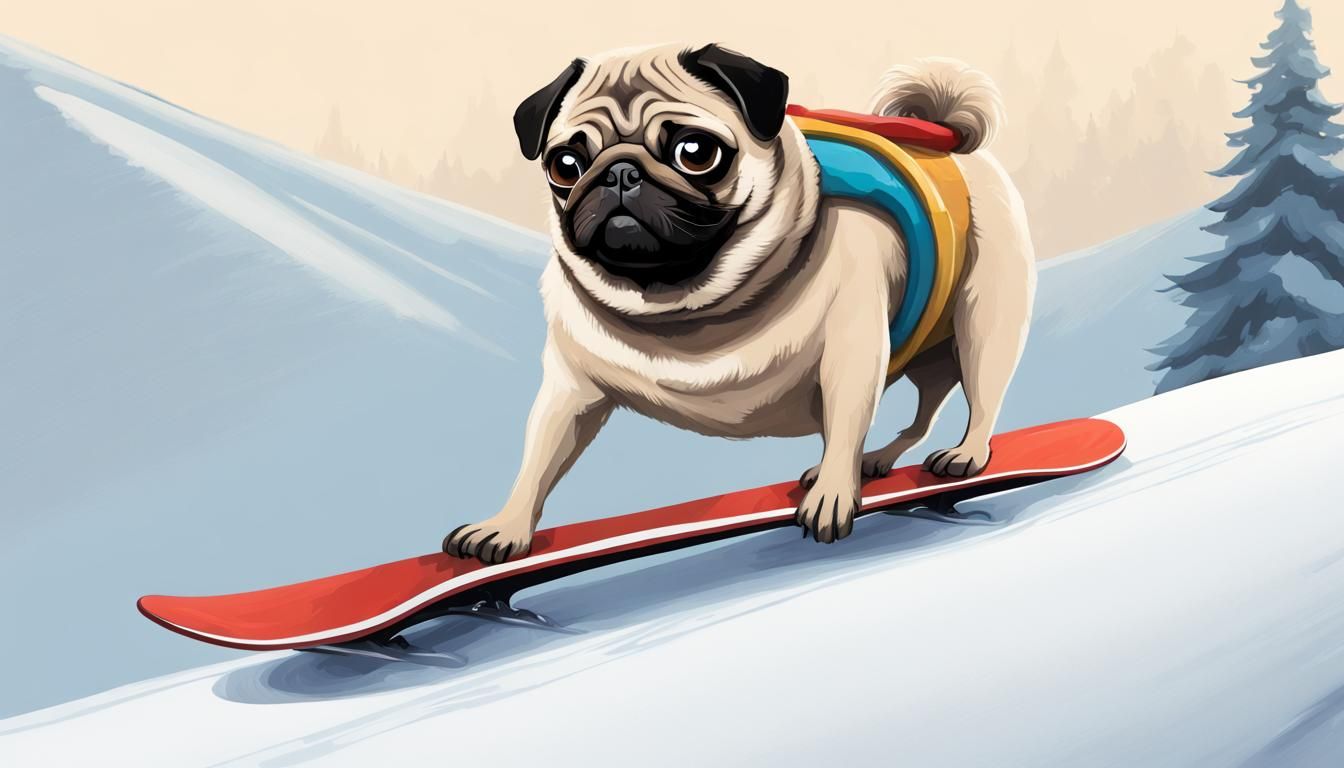 Pug Snowboarding Downhill in Realistic Style