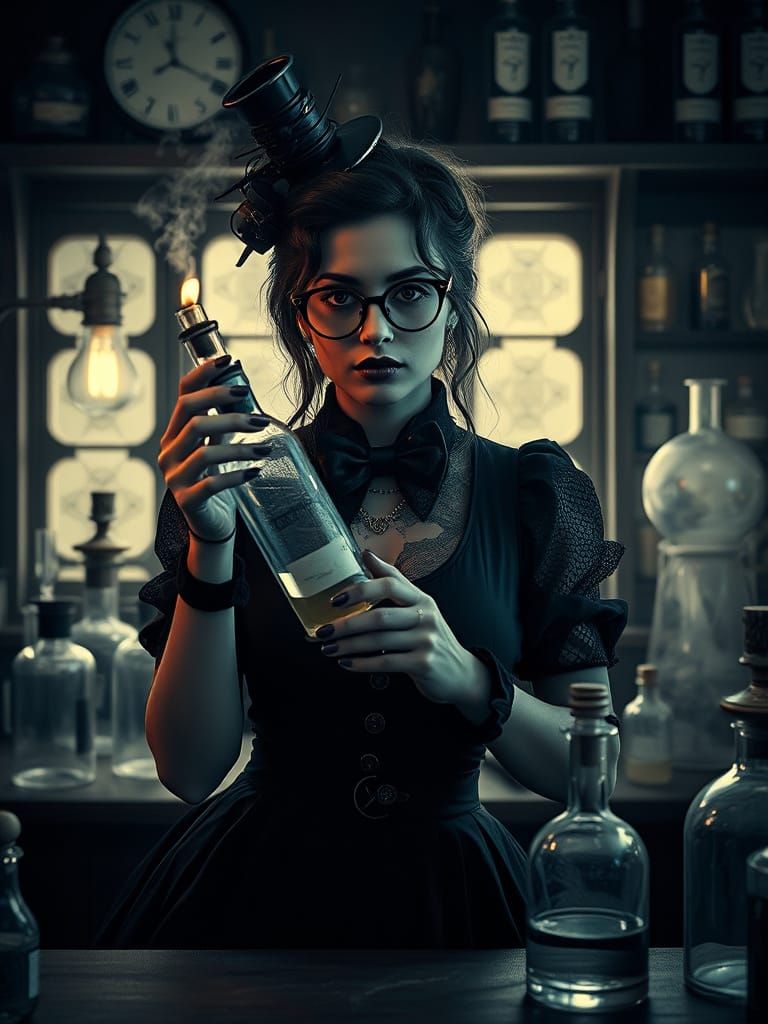 Steampunk Alchemist in Pop Surrealist Laboratory