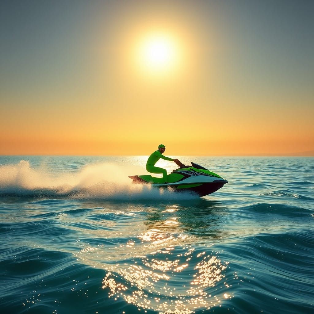 Neon Jet Skier Rides Turquoise Waves Under Golden Sun