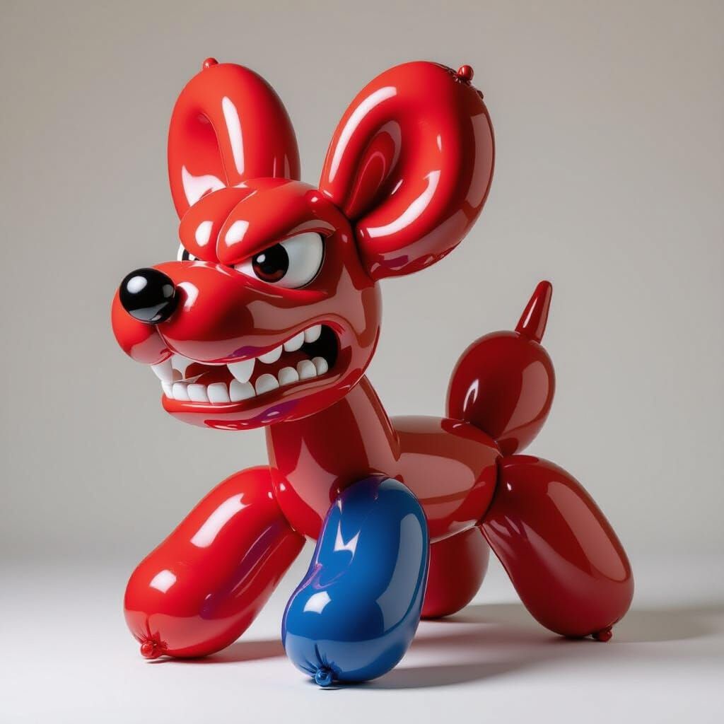 Angry Balloon Dog Sculpture in Surrealist Style