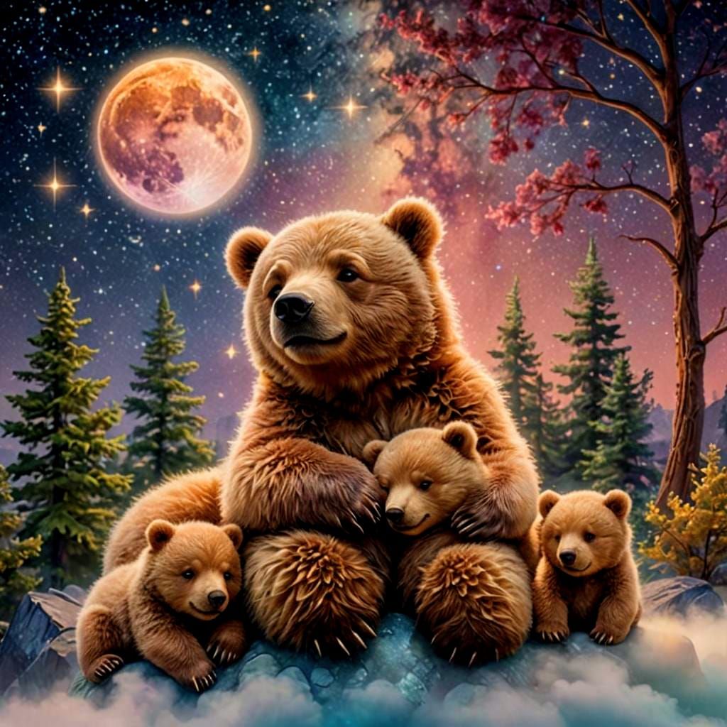 Chibi Bears Sleeping on Bioluminescent Moon