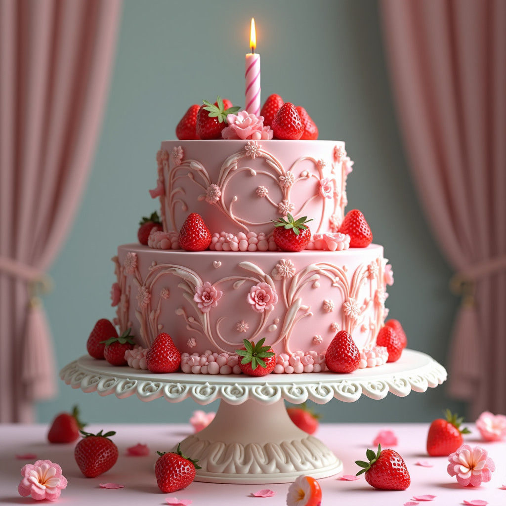 Strawberry Birthday Cake with Candle in 8k Resolution