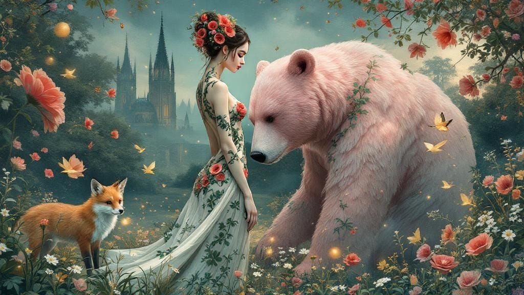 Ethereal Woman with Bear in Dreamlike Garden