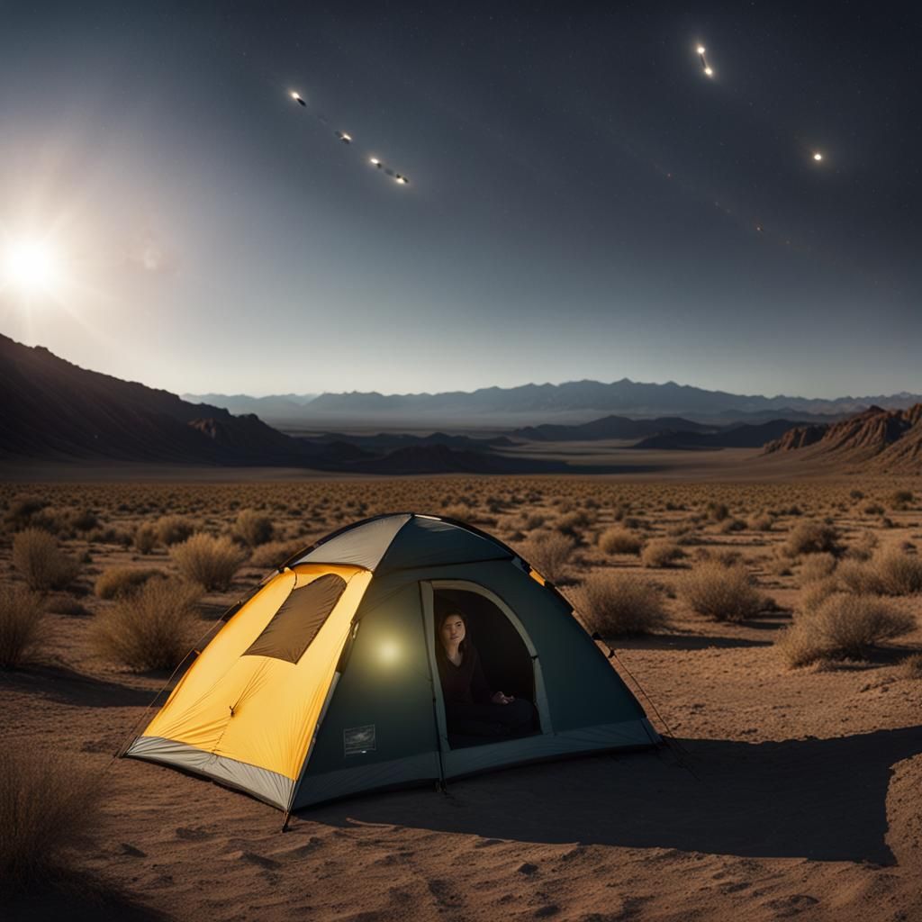 Desert Camp Under Total Solar Eclipse