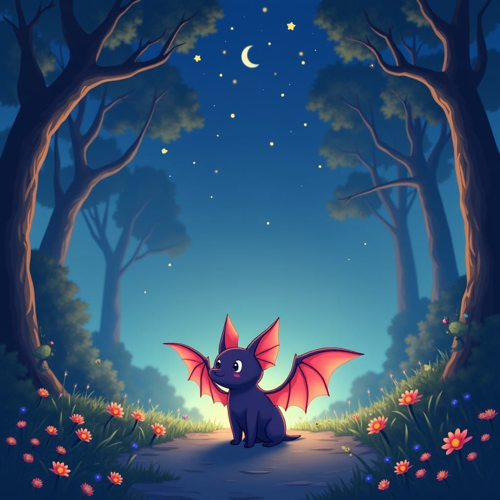 Chibi Bat Soaring Through Starry Glowing Forest