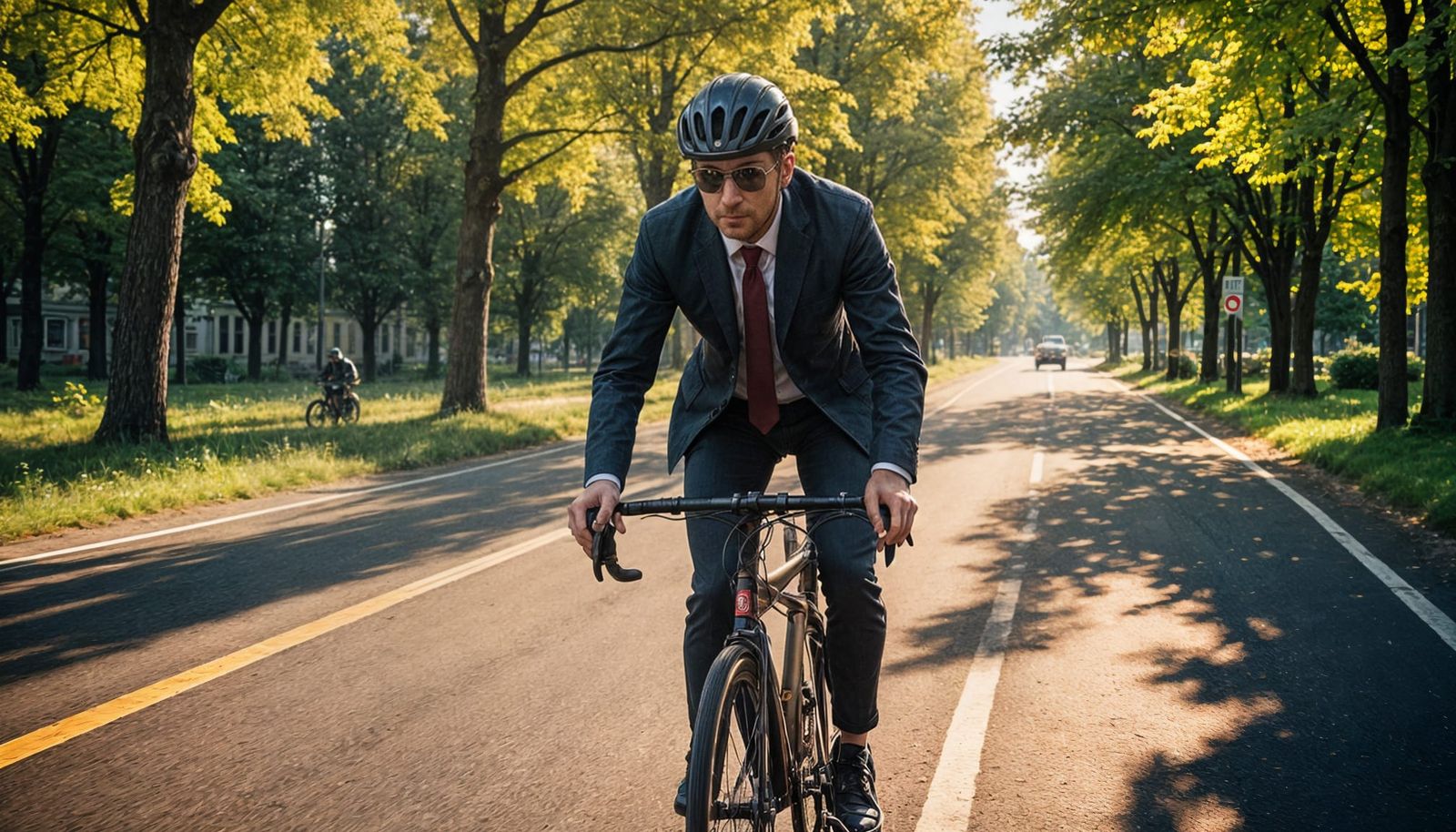 Racing Cyclist in Formal Attire Under Sunny Skies