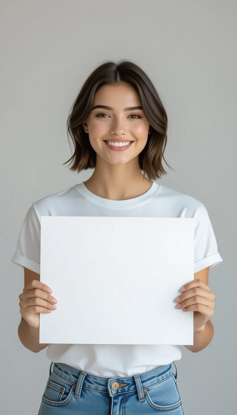 Studio Portrait of Woman Holding White Sign