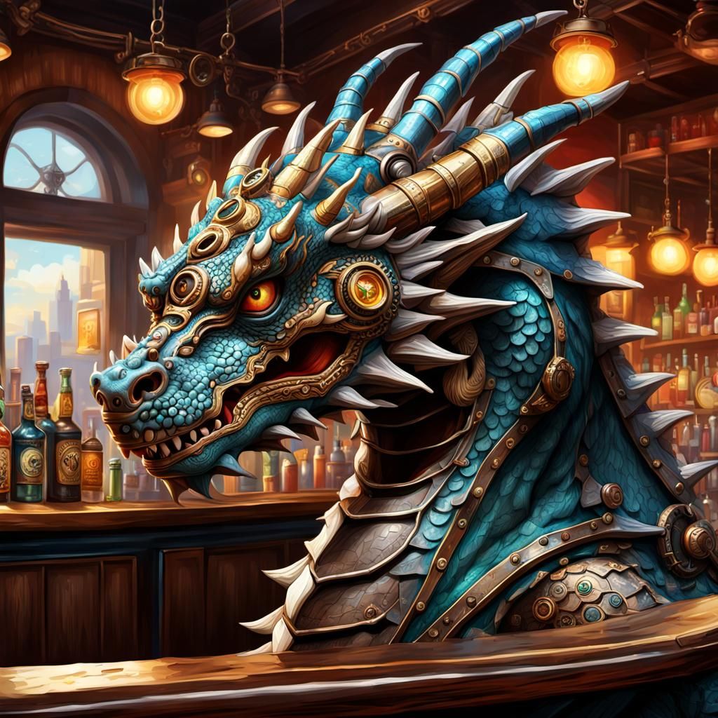 Steampunk Dragon in Bar: Hyperrealistic Concept Art