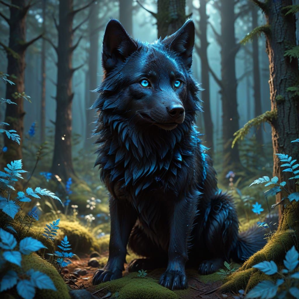 Mega-Cute Black Wolf with Blue Eyes in Magical Forest