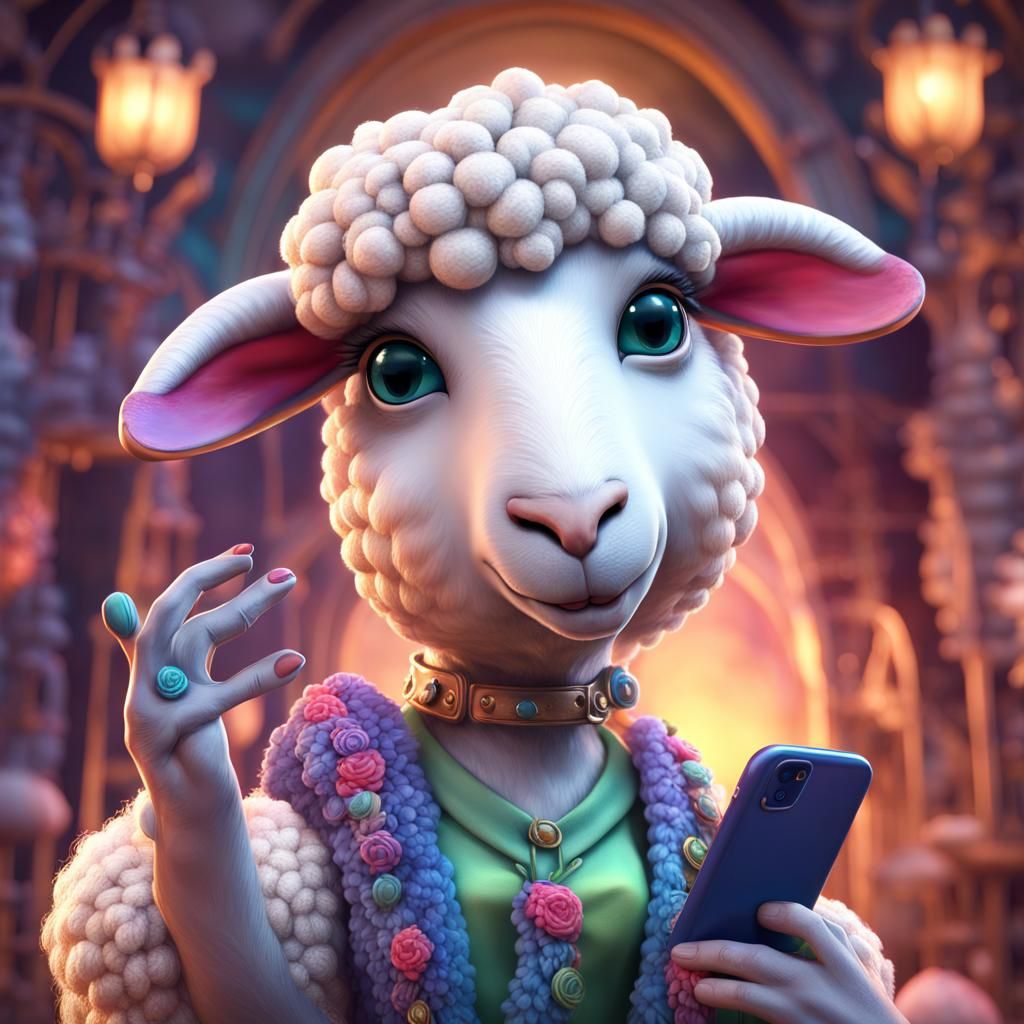 Cute Sheep Selfie in Detailed Fantasy Style