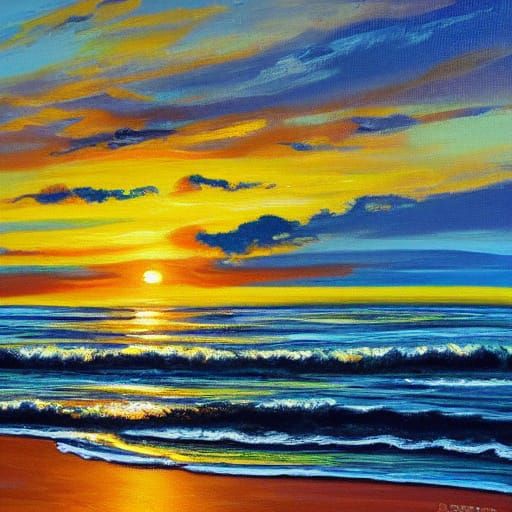 Serene Ocean Vista at Sunset: Bob Ross Style Oil Painting